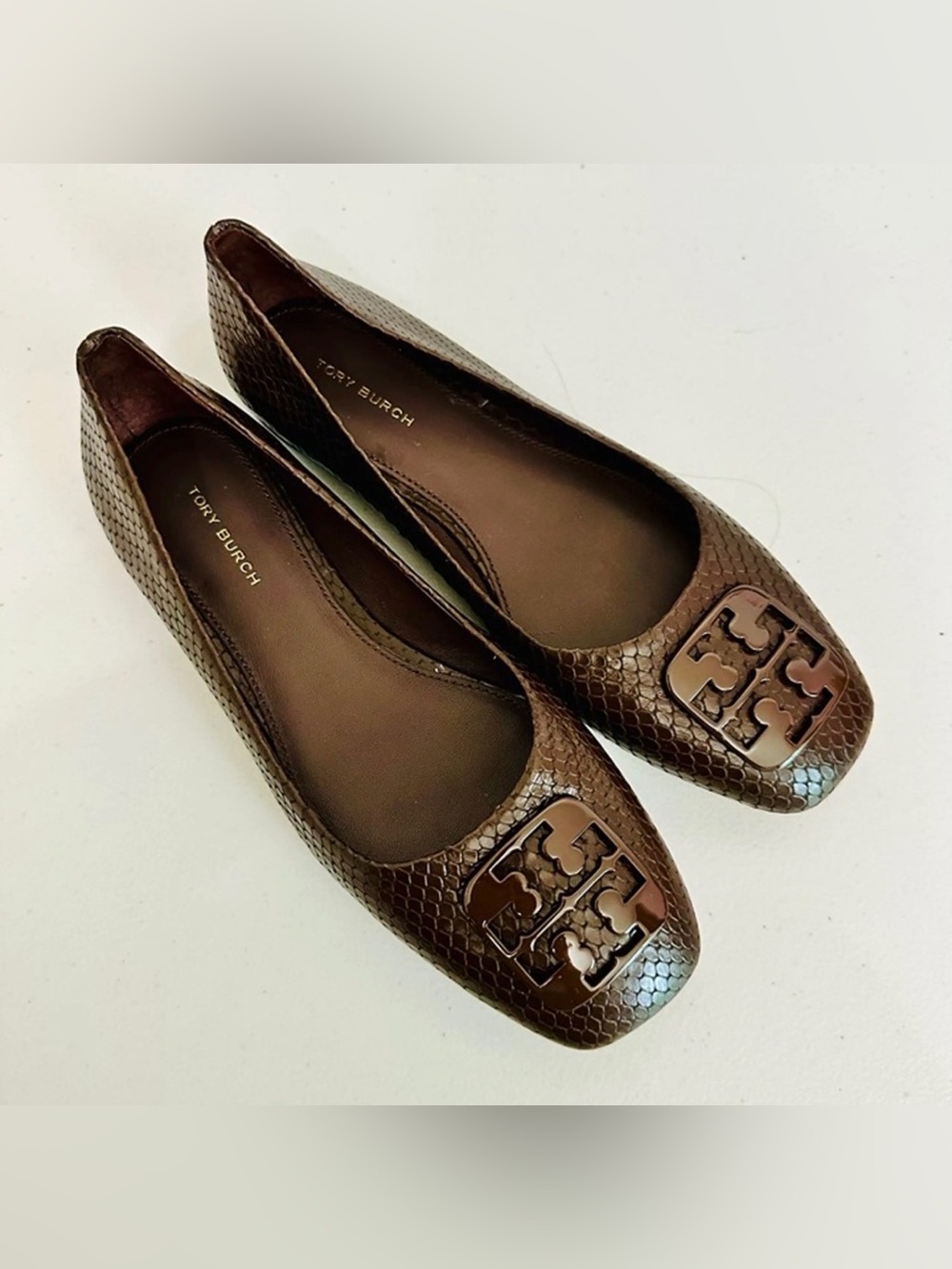 Tory Burch Brown Snake-Texture Logo Ballet Flats